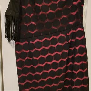 Pink & Black One Shoulder Fringe Pencil Dress